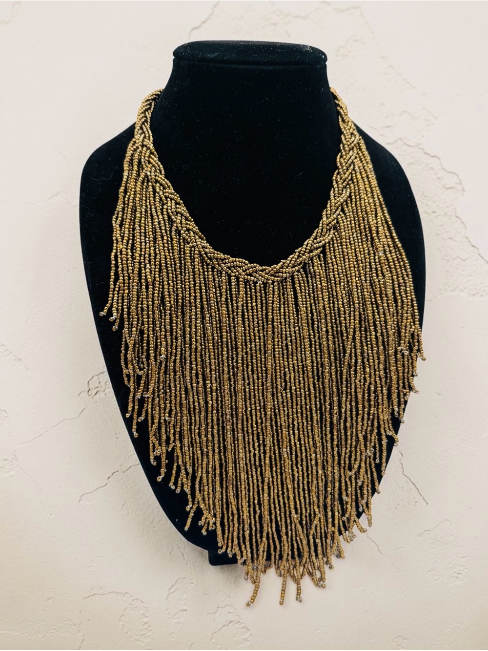 African Maasai Beaded Bronze Metallic Gold Fringe Beaded Statement Necklace